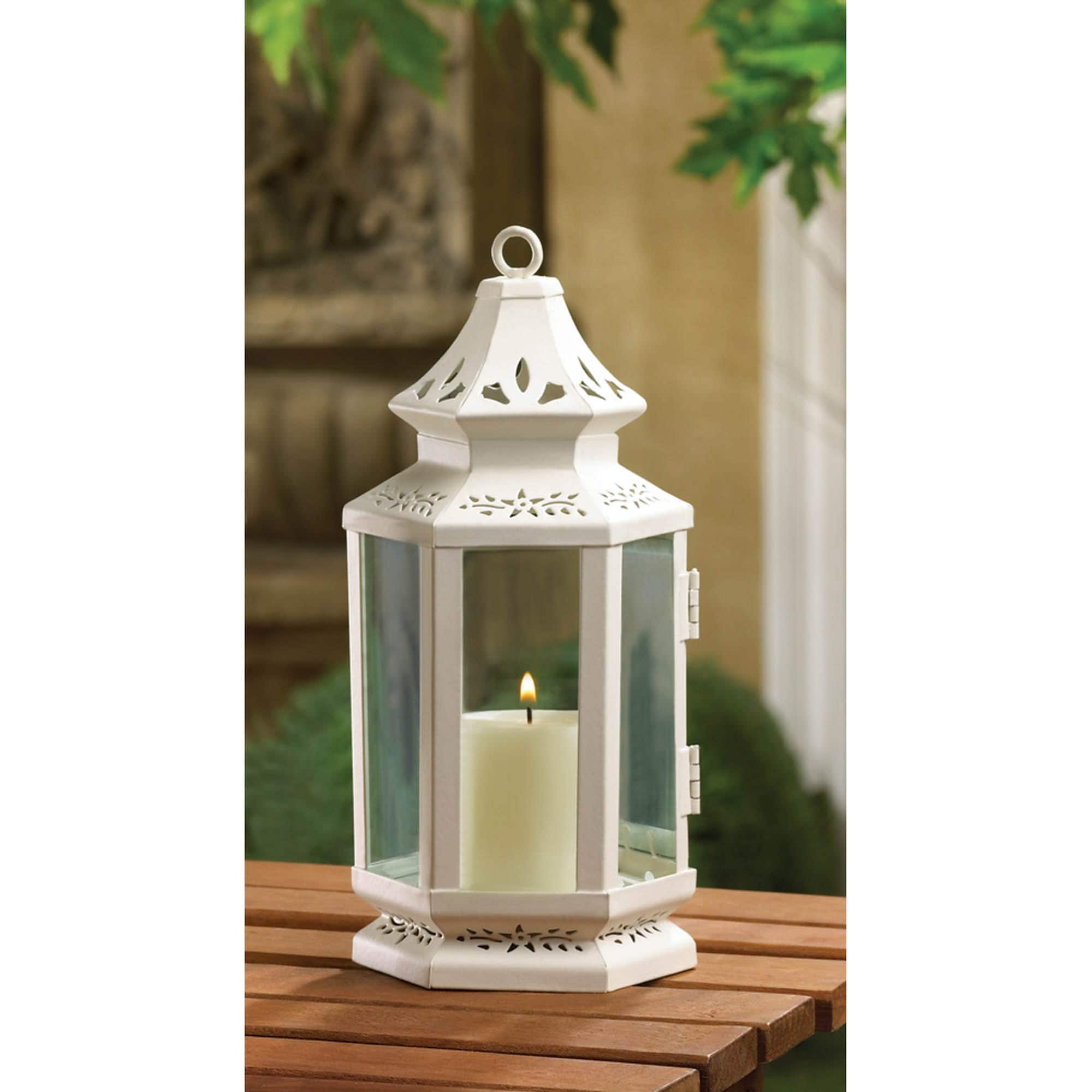 8" White Metal Victorian Lantern with Floral Cutouts